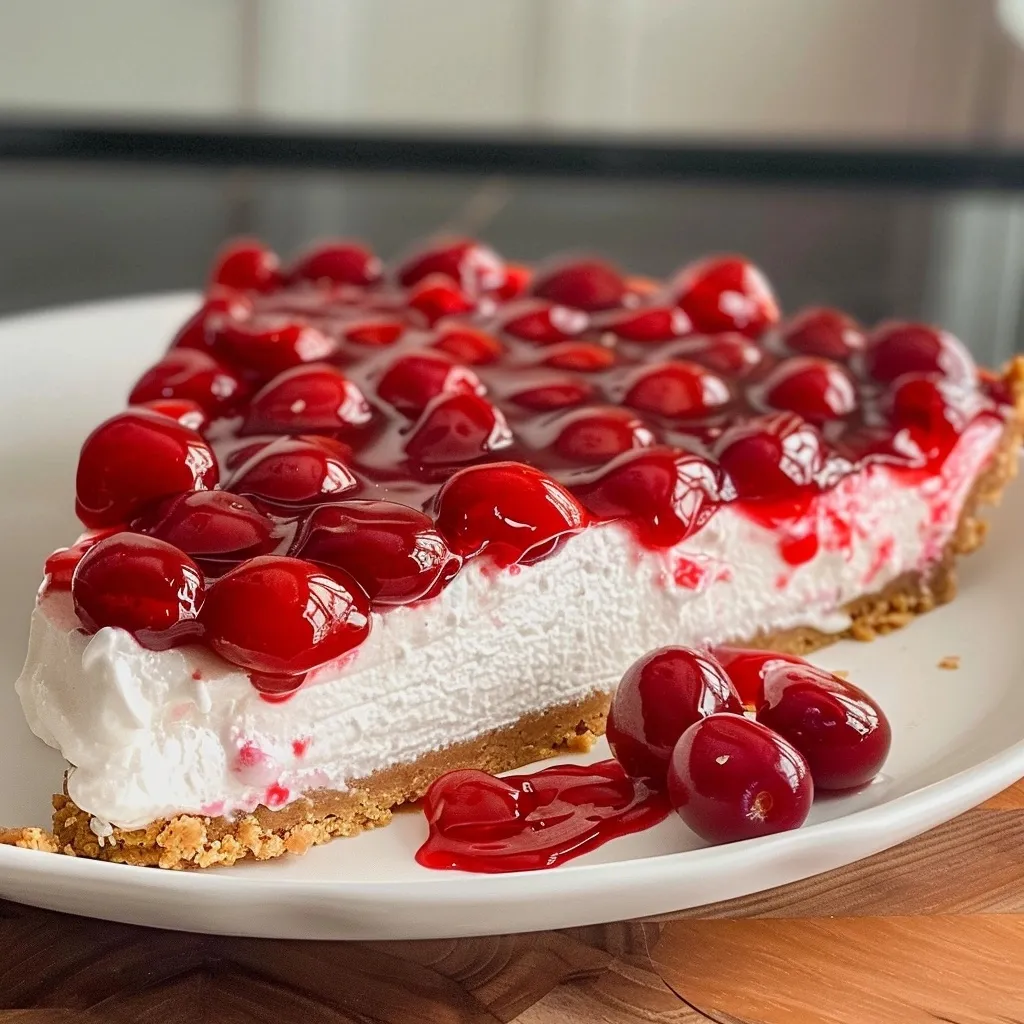 Delicious no-bake cherry cheesecake with a slice removed, showcasing creamy filling and a cherry topping.
