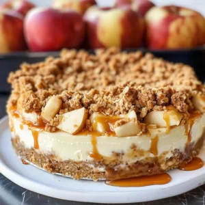 A slice of apple crisp cheesecake drizzled with caramel sauce on a white plate.