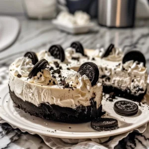 A slice of no-bake Oreo cheesecake topped with whipped cream sits on a plate.