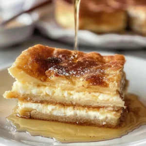 Two gluten-free sopapilla cheesecake bars stacked on top of each other, with honey being drizzled on top.