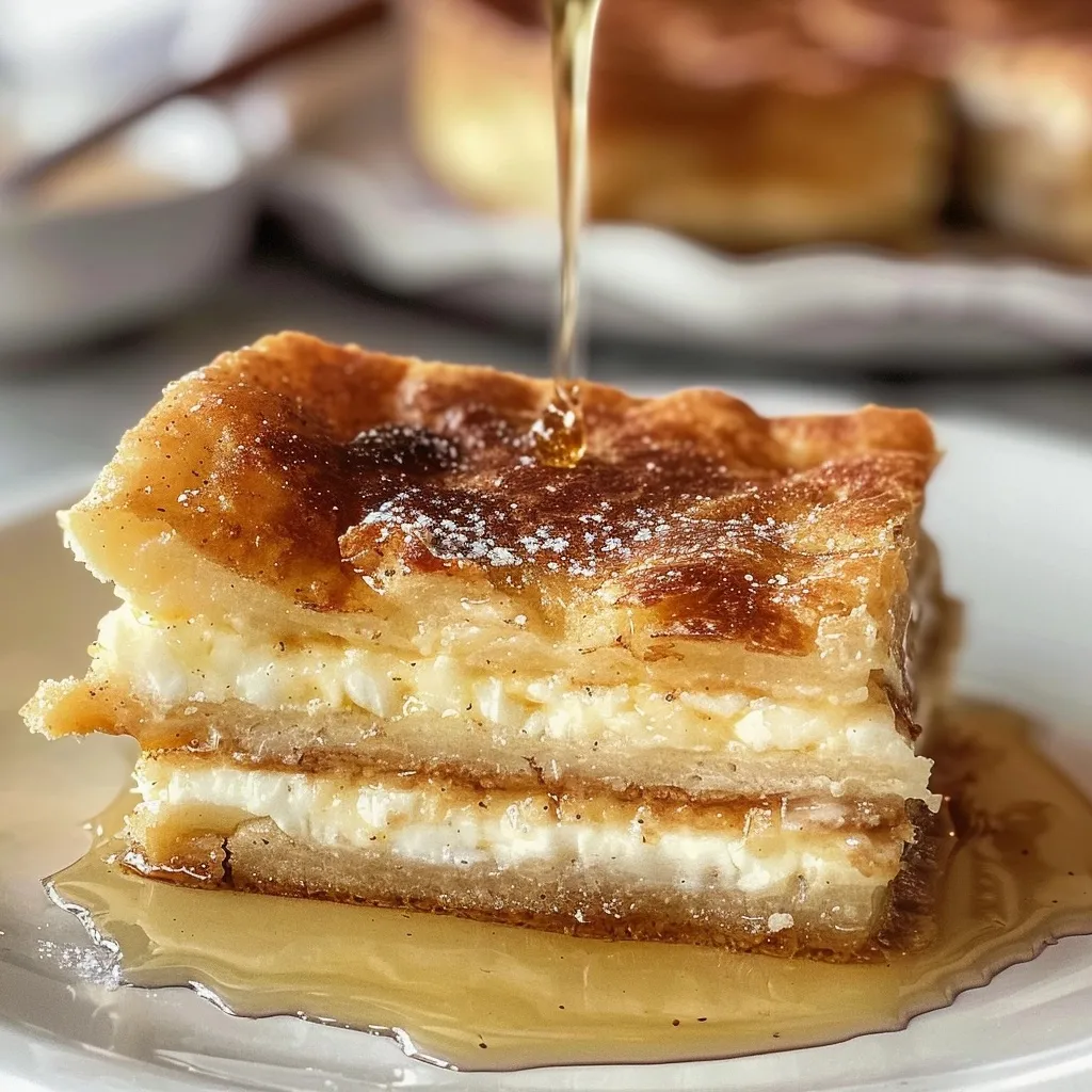 Two gluten-free sopapilla cheesecake bars stacked on top of each other, with honey being drizzled on top.
