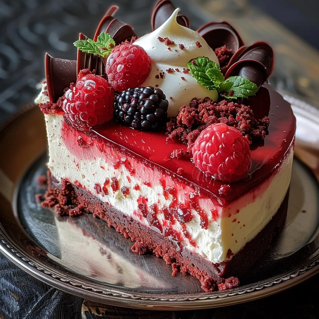 Red velvet cheesecake topped with raspberries, strawberries, and a red glaze.