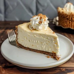 A creamy New York-style cheesecake, topped with whipped cream, is shown in two images; one whole and one with a slice being served.