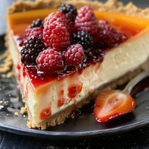 A slice of creamy New York-style cheesecake topped with fresh strawberries and blueberries.