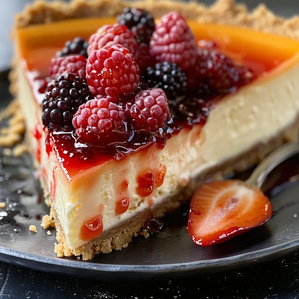 A slice of creamy New York-style cheesecake topped with fresh strawberries and blueberries.