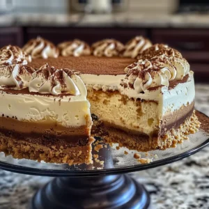 A delicious Tiramisu Cheesecake with a slice removed, showcasing its layered interior.
