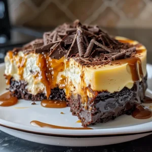 Caramel brownie cheesecake with chocolate shavings on top.