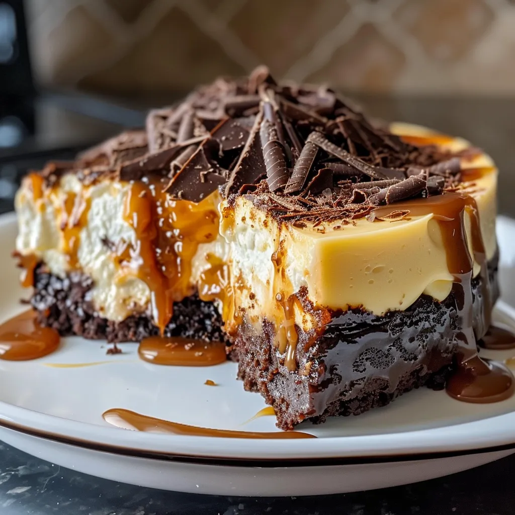 Caramel brownie cheesecake with chocolate shavings on top.