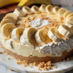 Delicious Banana Pudding Cheesecake decorated with whipped cream, Nilla wafers, and banana slices.