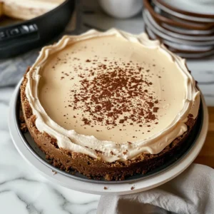Rich espresso cheesecake in a dark pan, topped with cocoa powder, surrounded by coffee beans.