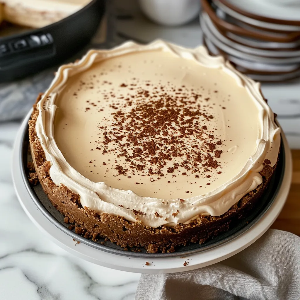 Rich espresso cheesecake in a dark pan, topped with cocoa powder, surrounded by coffee beans.