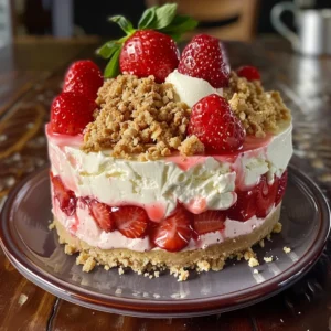 A slice of Strawberry Crunch Cheesecake, topped with whipped cream and a strawberry crunch crust.