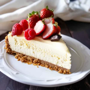 A creamy cheesecake garnished with fresh strawberries sits on a white linen napkin.
