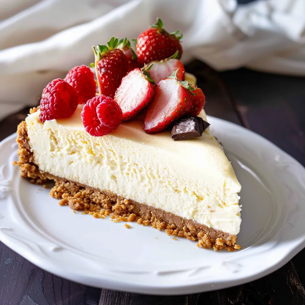 A creamy cheesecake garnished with fresh strawberries sits on a white linen napkin.