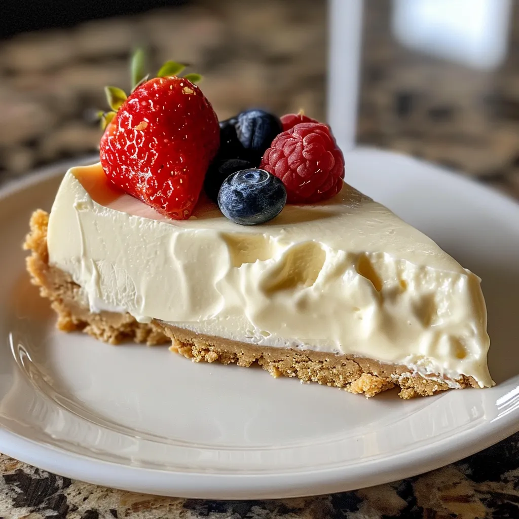A slice of no-bake cheesecake topped with fresh berries and whipped cream.