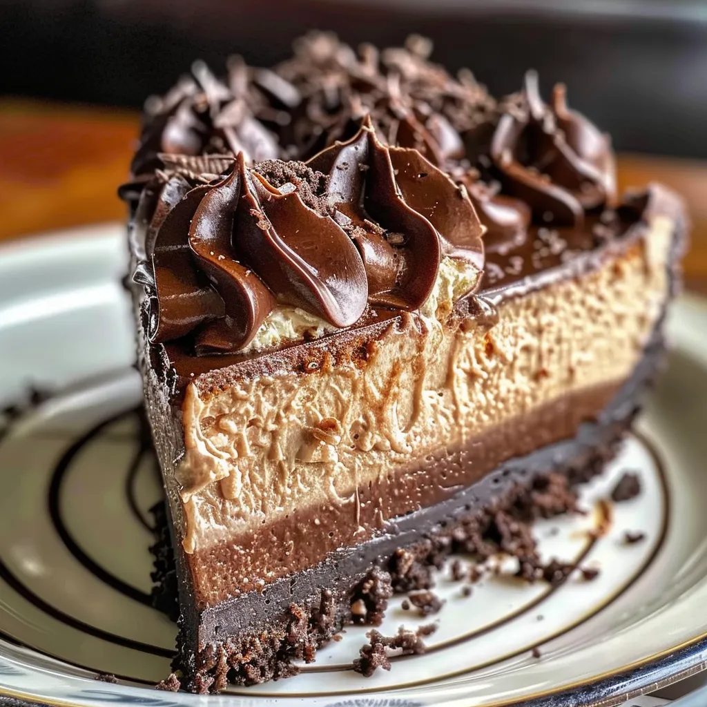 A slice of decadent chocolate cheesecake with a creamy white filling and chocolate ganache topping.