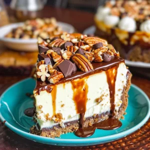 A slice of Turtle Cheesecake drizzled with caramel and chocolate, topped with pecans.