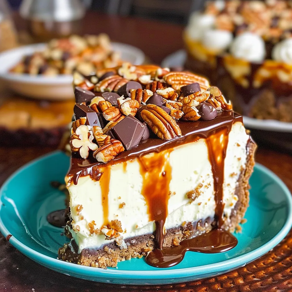 A slice of Turtle Cheesecake drizzled with caramel and chocolate, topped with pecans.