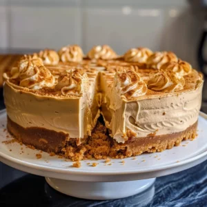 A slice of caramel cheesecake on a plate with fairy lights in the background.