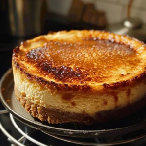 A whole Crème brûlée cheesecake with a perfectly caramelized sugar crust.