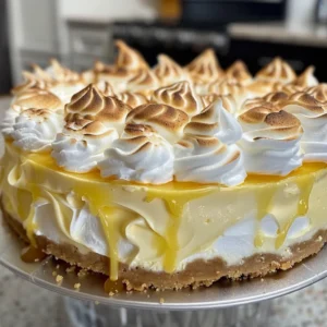 Lemon meringue cheesecake with a toasted meringue topping.