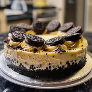 Delicious New York-style Oreo cheesecake, adorned with Oreo cookies and whipped cream.