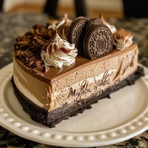 No-bake Oreo Nutella cheesecake with chocolate ganache and Oreo cookie garnish.