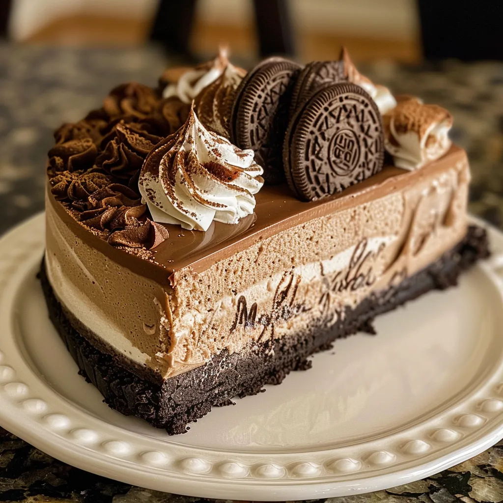No-bake Oreo Nutella cheesecake with chocolate ganache and Oreo cookie garnish.