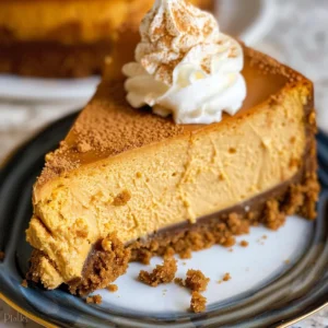 Close-up of a slice of pumpkin cheesecake topped with whipped cream and gingersnap crumbs.