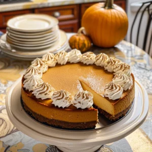 A delicious pumpkin cheesecake, sliced and garnished with whipped cream and cinnamon, sits on a light beige surface.