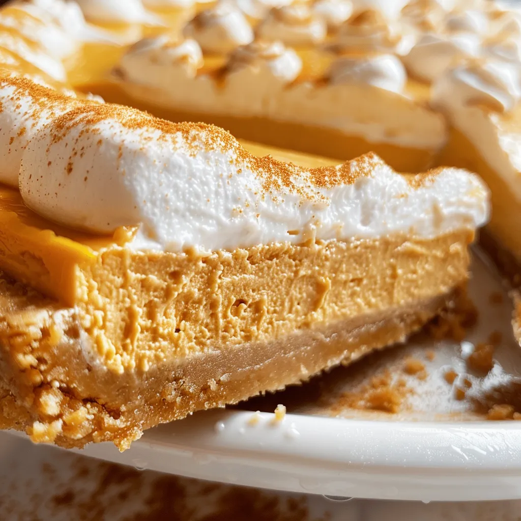 A slice of double-layer pumpkin cheesecake with a creamy white topping is being served.