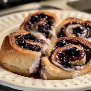 Close-up of several blueberry cheesecake rolls drizzled with icing.