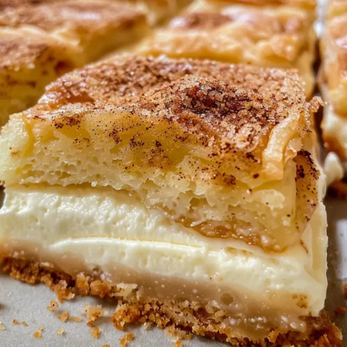 Close-up of a delicious sopapilla cheesecake bar being lifted with a spatula, showing a creamy cheesecake layer between crispy, cinnamon-sugar-coated crust.