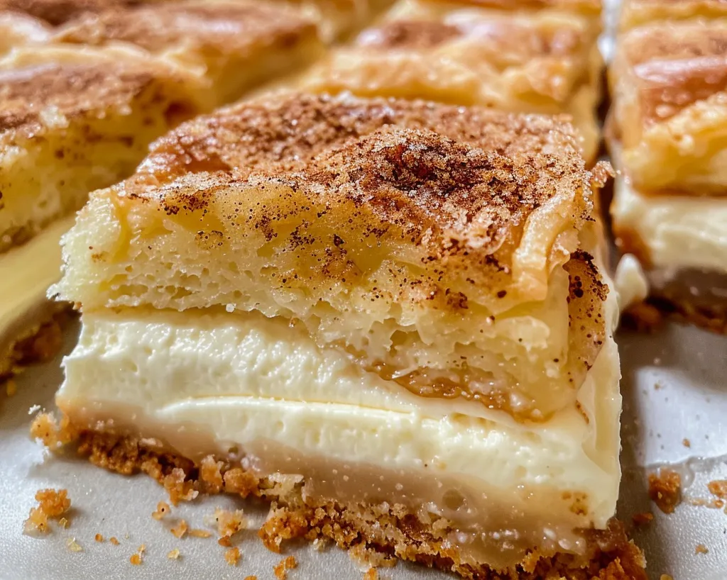 Close-up of a delicious sopapilla cheesecake bar being lifted with a spatula, showing a creamy cheesecake layer between crispy, cinnamon-sugar-coated crust.