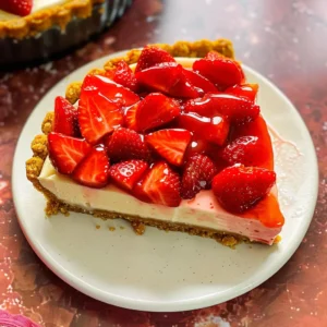 A delicious strawberry cheesecake topped with glistening strawberry glaze.