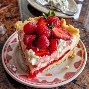 A slice of strawberry cheesecake dump cake topped with whipped cream and fresh strawberries.