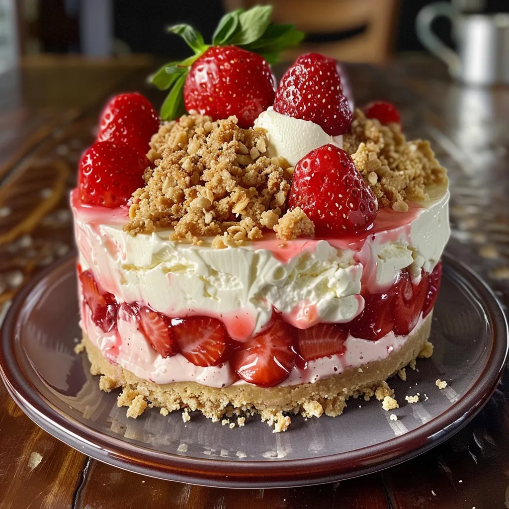 A delicious no-bake Berrylicious Strawberry Crunch Cheesecake, layered with creamy cheesecake, strawberry preserves, and a crunchy topping, garnished with fresh strawberries.