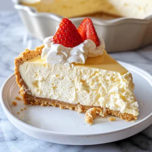 Slice of creamy cheesecake topped with strawberries and strawberry sauce.