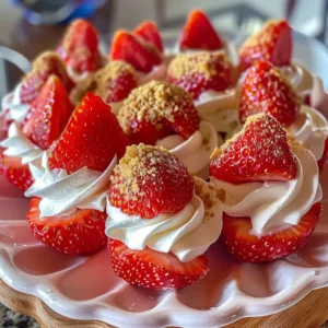 Close-up of several strawberries filled with cheesecake filling and topped with graham cracker crumbs.