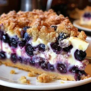 A slice of blueberry cheesecake crumb cake drizzled with white icing, served on a white plate with fresh blueberries.