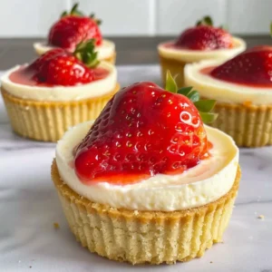 Three mini strawberry cheesecakes topped with strawberry sauce.