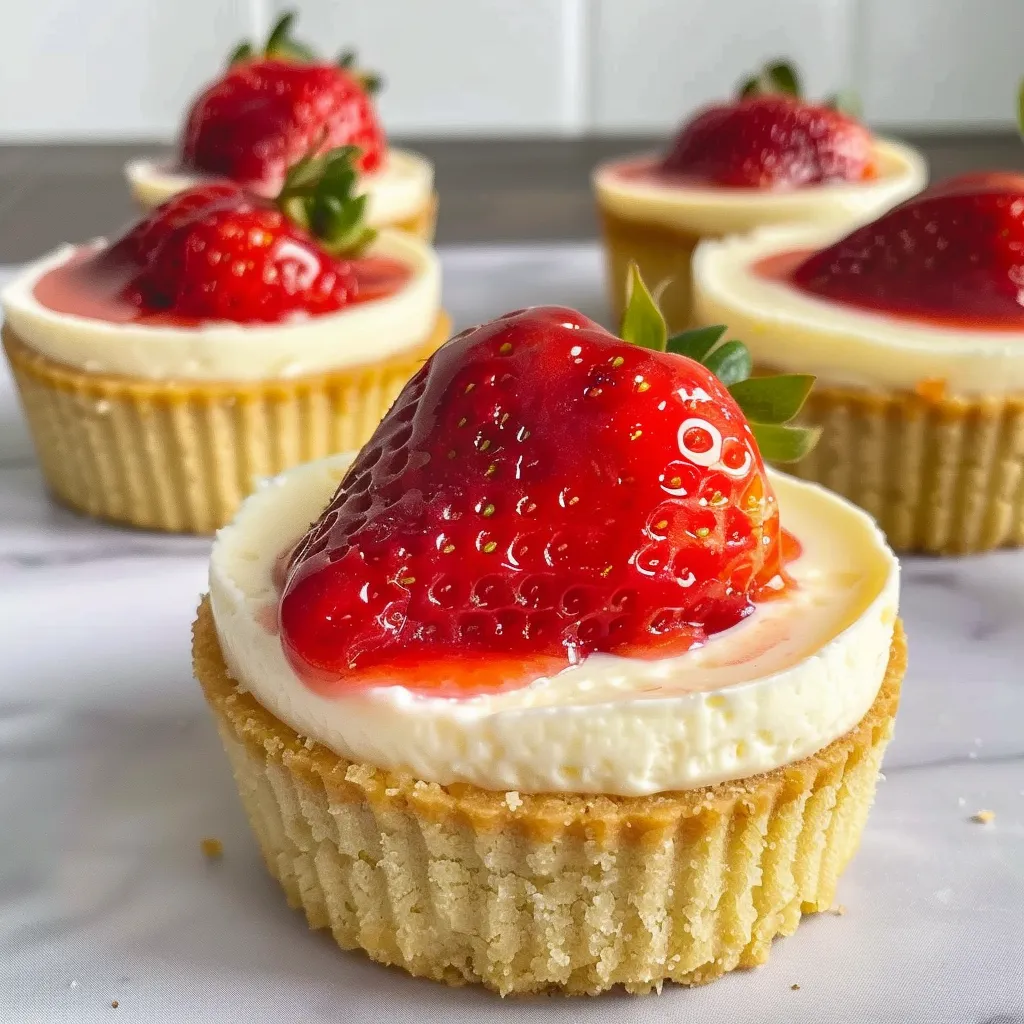 Three mini strawberry cheesecakes topped with strawberry sauce.