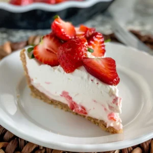 A slice of no-bake strawberry cheesecake topped with whipped cream and fresh strawberries.