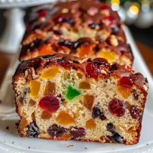 A loaf of delicious fruitcake, studded with candied fruit and cranberries, is sliced to show the moist inside.