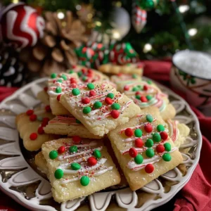 A plate of delicious Whipped Christmas shortbread cookies decorated with sprinkles and M&Ms.