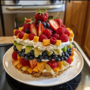 A vibrant no-bake fruit cake layered with strawberries, blueberries, kiwi, and oranges.