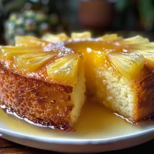 Close-up of a delicious pineapple upside-down cake, glistening with glaze and topped with a mint sprig.