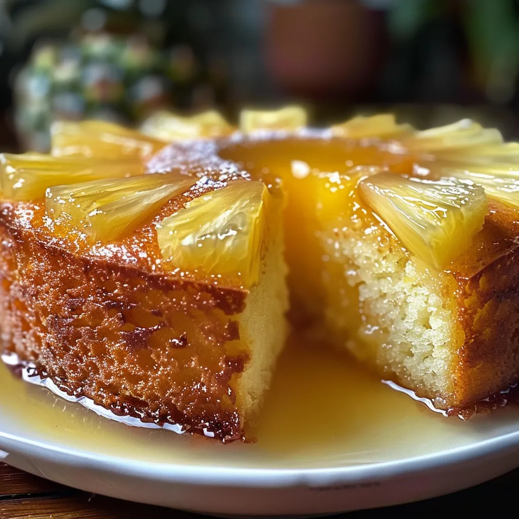 Close-up of a delicious pineapple upside-down cake, glistening with glaze and topped with a mint sprig.