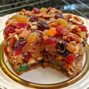 A delicious-looking fruitcake shaped like a ring, adorned with candied fruit and nuts.