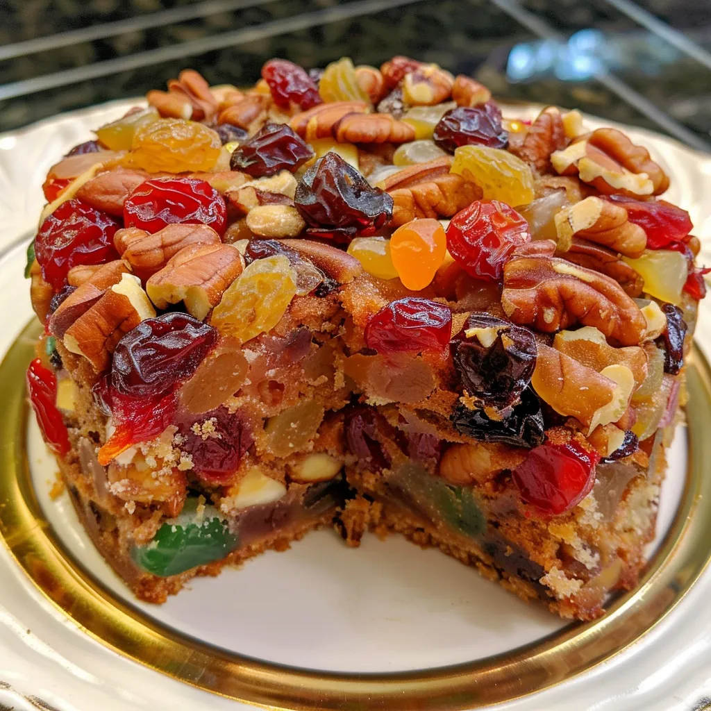 A delicious-looking fruitcake shaped like a ring, adorned with candied fruit and nuts.